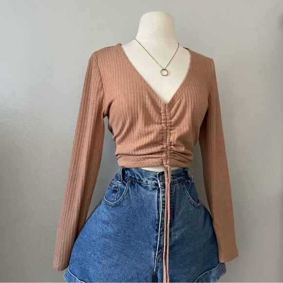 Tan Knit Ribbed Ruched Top - Picture 6 of 6